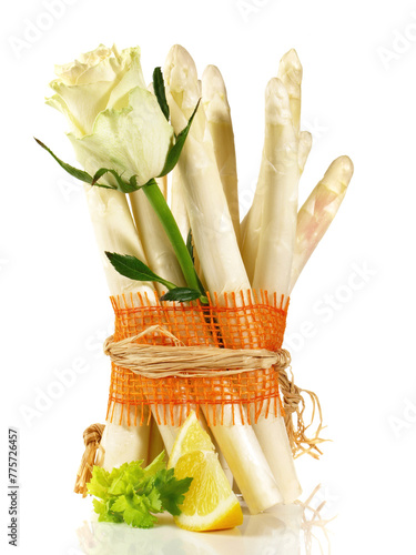 White Asparagus with a white Rose Flower isolated on white Background