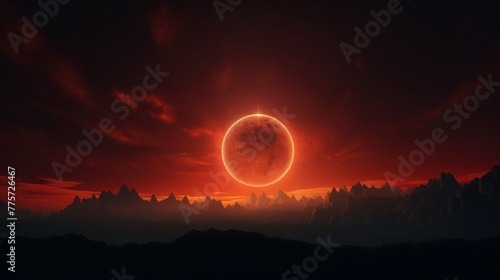Total solar eclipse of a huge sun above the rocky mountains, fantastic bloody red landscape. © junky_jess