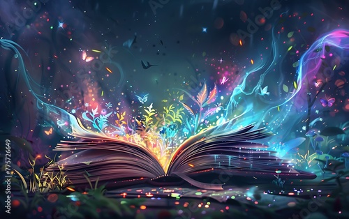  A fantasy book is open, surrounded by colorful lights and magical creatures floating in the air