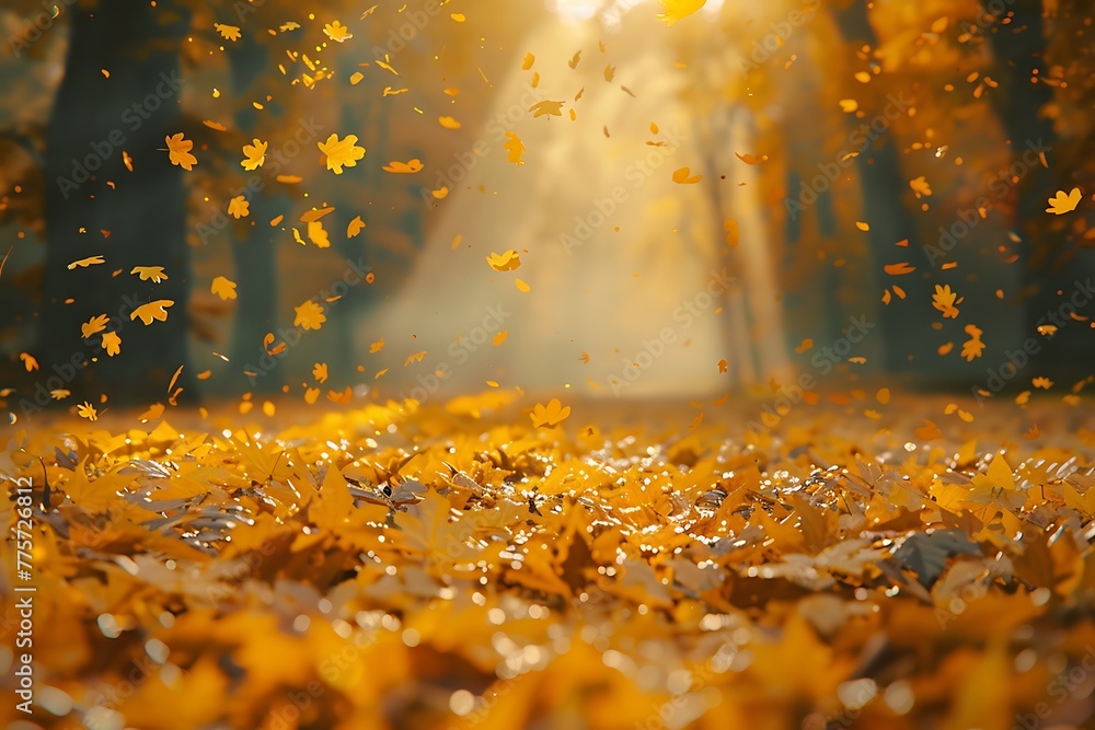 The autumn wind blows the leaves, and golden falling petals fill up the ground  with sunlight shining through them - obrazy, fototapety, plakaty 