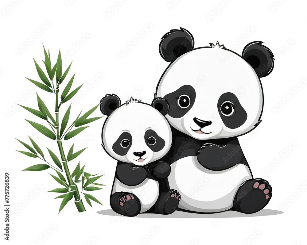 Fototapeta premium Cute cartoon panda couple with bamboo leaves. Vector illustration. isolated background