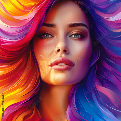 Artistic illustration of a woman with vibrant  multi-colored hair.
