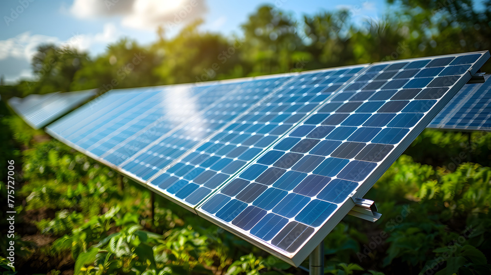 Solar panels installed in green fields under a sunny sky. Sustainable energy and environmental conservation concept for renewable resources Solar panels installed in green fields under a sunny sky. Sustainable energy and environmental conservation concept for renewable resources