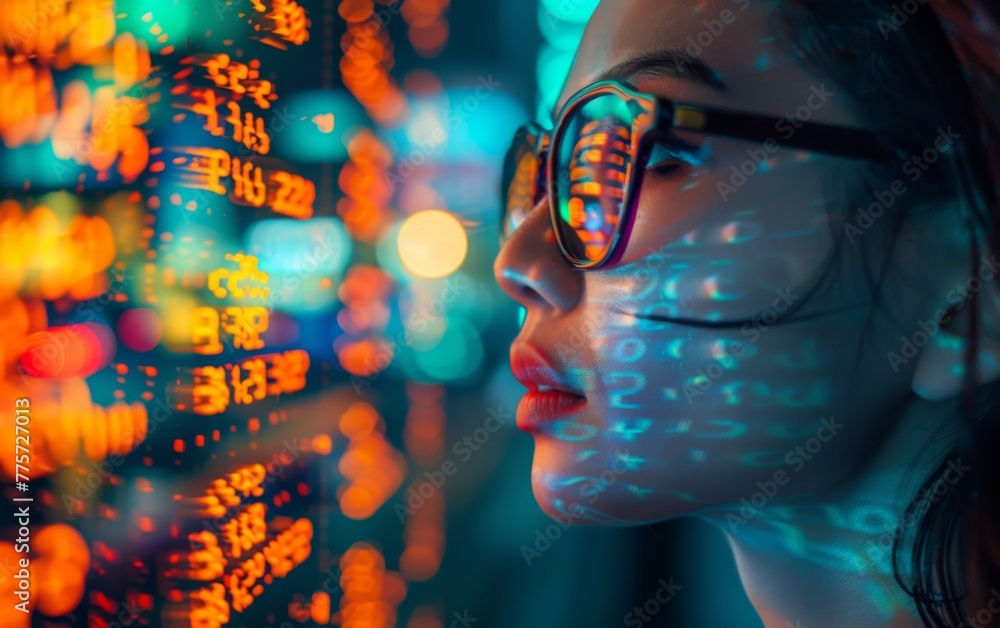A woman is looking at a screen with a lot of numbers and letters. She is wearing glasses and has red lipstick. The image has a futuristic and technological vibe