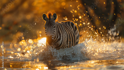 A zebra run across ponds,golden hour,generative ai