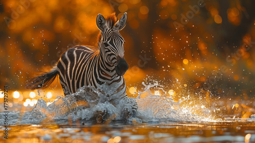 A zebra run across ponds,golden hour,generative ai