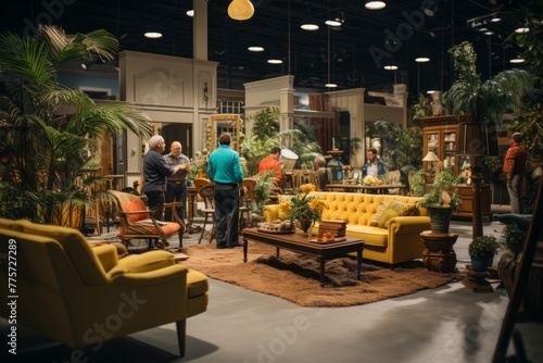 A group of people is gathered in a living room filled with vintage furniture and decor. The room is carefully arranged by Prop masters to enhance its overall look and feel photo