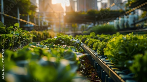 photo of verdant farm that uses advanced techniques like vertical farming, precision agriculture, and genetically modified crops, set against a backdrop of a healthy, thriving community