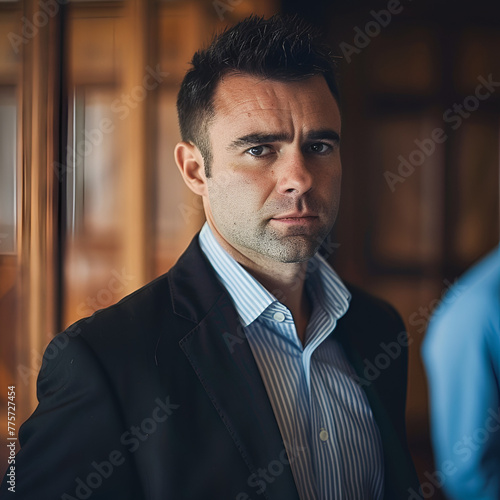 A serious looking man in a business suit with a scruffy beard.