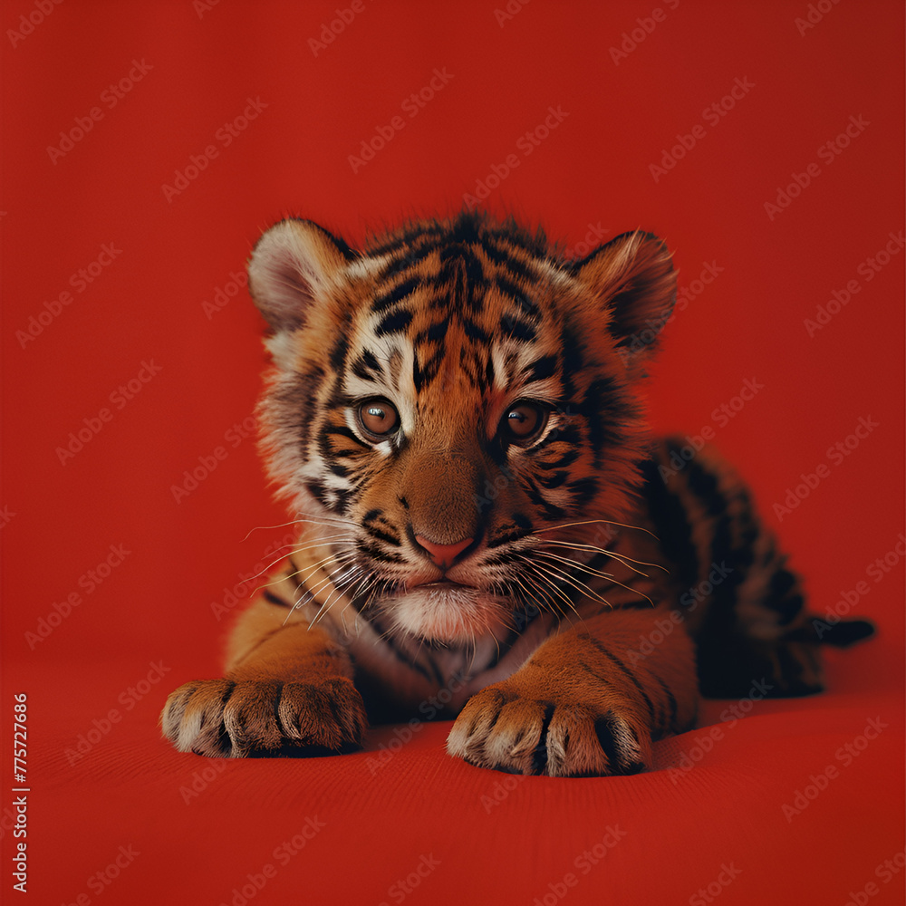 Fototapeta premium Close-up of a cute tiger cub lying down against a red background with a focused, inquisitive look.