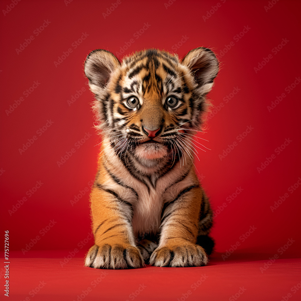 Obraz premium A cute tiger cub sits against a solid red background, gazing forward with a curious expression.