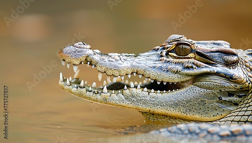 A closeup of the head and mouth of a crocodile, with its teeth visible in sharp focus against a blurred background of water