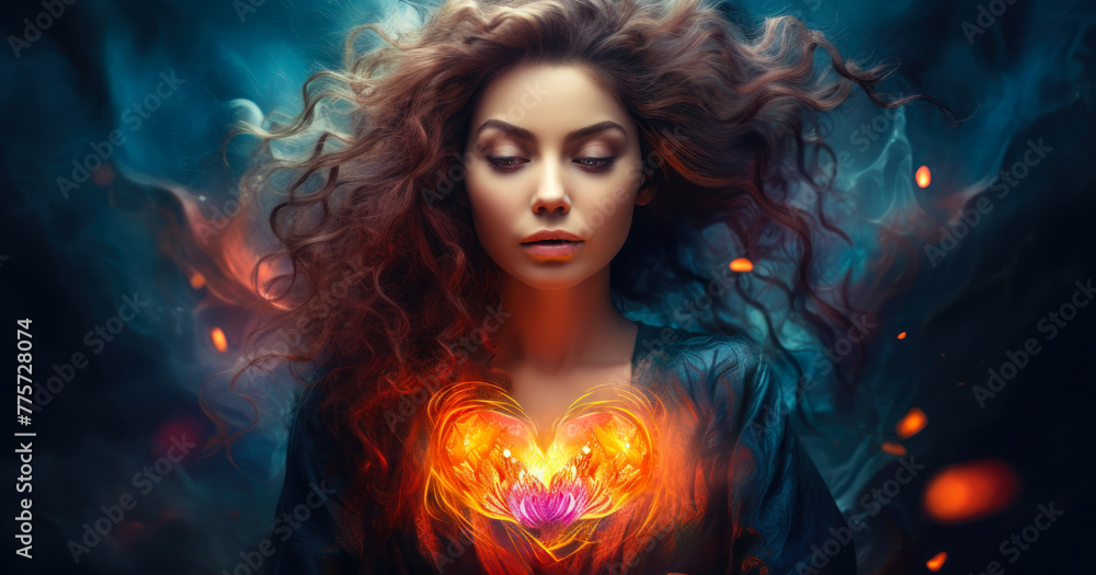 Mystical Portrait of a Woman Embracing a Vibrant Heart-shaped Nebula, Symbolizing Love, Emotion, and the Cosmic Connection of the Soul