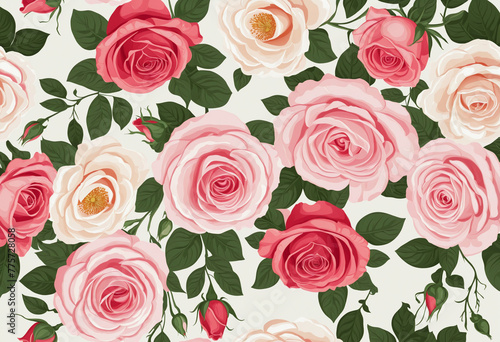 Beautiful rose flowers on white background  copy space  top view bright colors illustration