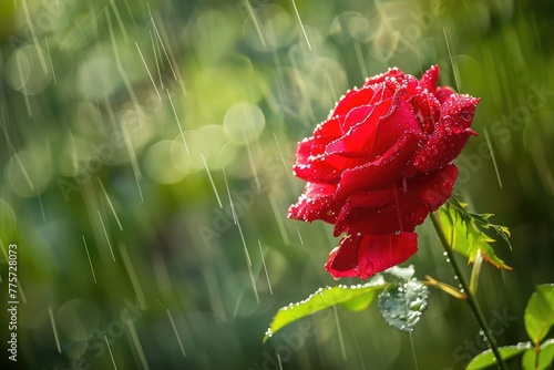 Red tea rose in raindrops on a blurred natural background