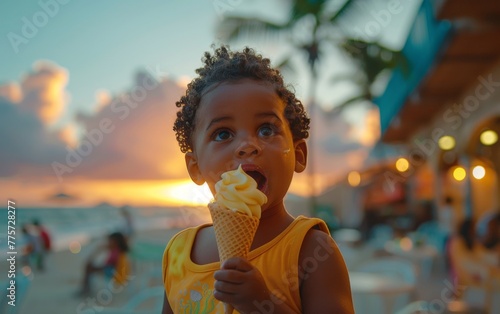 A young child is eating a yellow ice cream cone. The scene is set at a beach  with a sunset in the background. The child is the main focus of the image  and the atmosphere is relaxed and enjoyable