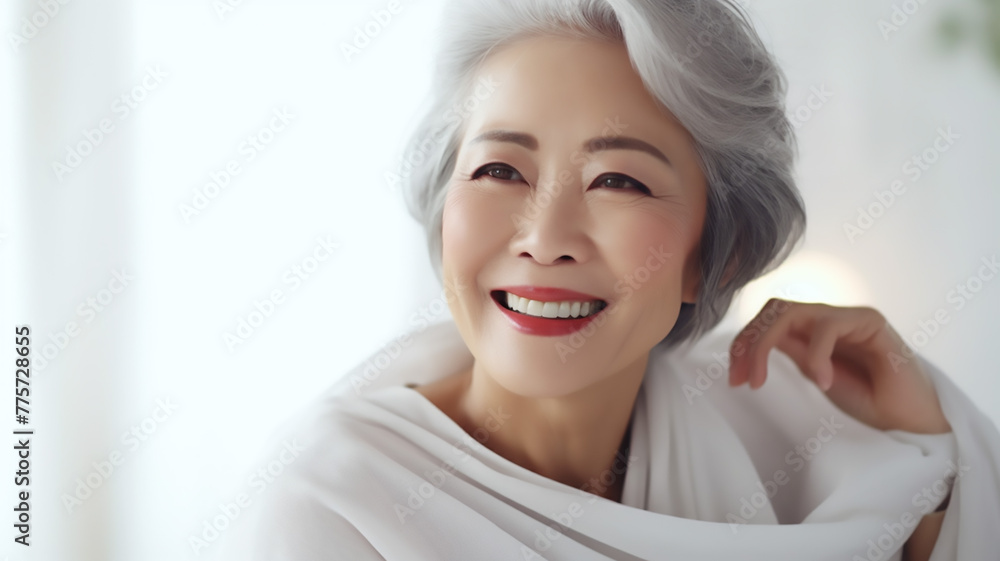 Adult asian woman with smooth healthy face skin. Beautiful aging mature woman with gray hair and happy smiling touch face. Beauty and cosmetics skincare advertising concept. AI Generative Adult asian woman with smooth healthy face skin. Beautiful aging mature woman with gray hair and happy smiling touch face. Beauty and cosmetics skincare advertising concept. AI Generative