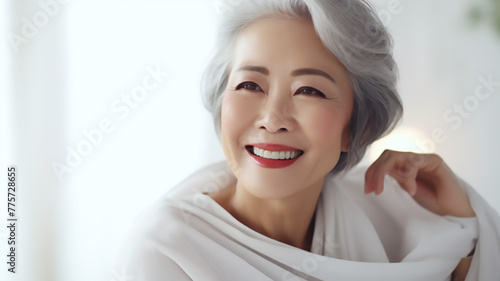 Adult asian woman with smooth healthy face skin. Beautiful aging mature woman with gray hair and happy smiling touch face. Beauty and cosmetics skincare advertising concept. AI Generative