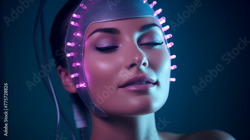 Led mask light skincare therapy woman's face glows under the advanced LED light therapy mask, a cutting-edge skincare technology designed to rejuvenate and heal the skin.