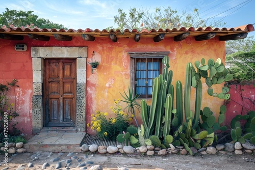 mexican style house with cactus plant in front of it