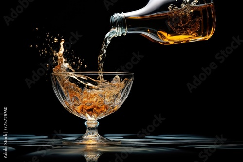 Whiskey being poured from a bottle into a glass, capturing the elegant movement of the liquid. Generative AI