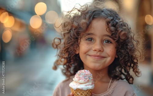 A young girl with curly hair is holding a white ice cream cone. She is smiling and looking at the camera