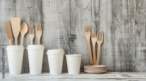 disposable paper cups, plates, and cutlery arranged on a rustic wooden background, showcasing sustainable dining options for gatherings and events.