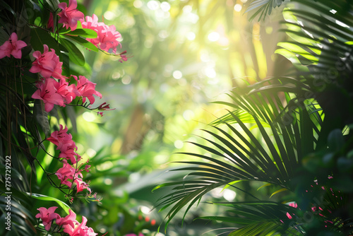 Palm tree leaves and flowers framing a tropical scenery. Slide background image. Created with Generative AI technology.