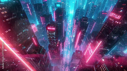 Geometric neon maze city streets alive with light. futuristic neon labyrinth expedition step with flashing neon light. seamless looping overlay 4k virtual video animation background photo
