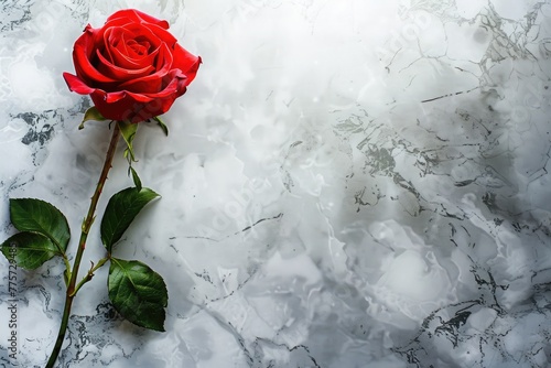 Rose on marble, copy space. Red rose on a gray background with space for text