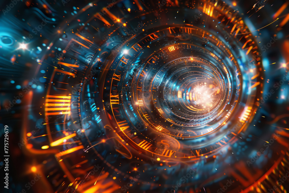 Vibrant abstract tunnel in space showcasing concept of relativity. Time-warp tunnel illustrating the impact of speed and gravity on the passage of time - obrazy, fototapety, plakaty 