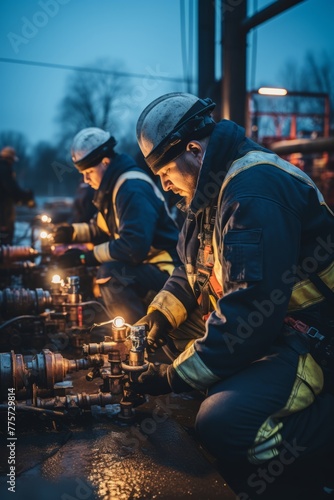 A group of men is seen working on a large pipe. They are wearing safety gear and appear to be securing drilling equipment for an operation