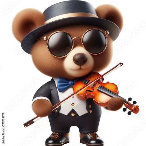 A cute bear wearing sunglasses stands playing the violin. 3D render 