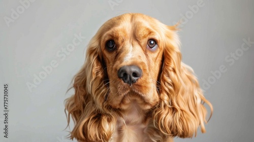 Brown Cocker Spaniel dog portrait with adorable fluffy fur and attentive eyes photo