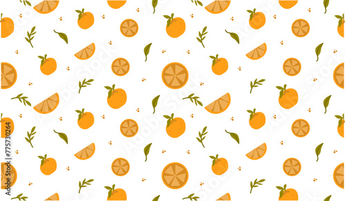 Seamless pattern with fresh orange motifs, sprinkled leaves, orange slices. Suitable for fabric, t-shirts, wallpaper, wrapping paper, and others. Vector illustration.