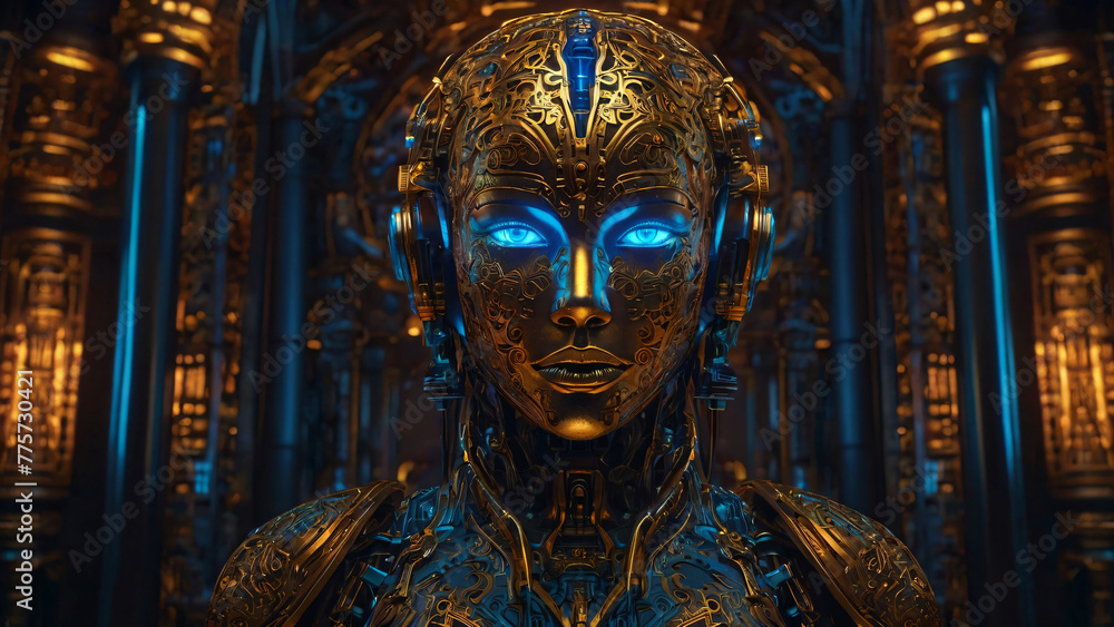 Fototapeta premium AI robot and golden metal. Glowing eyes. AI generativ.