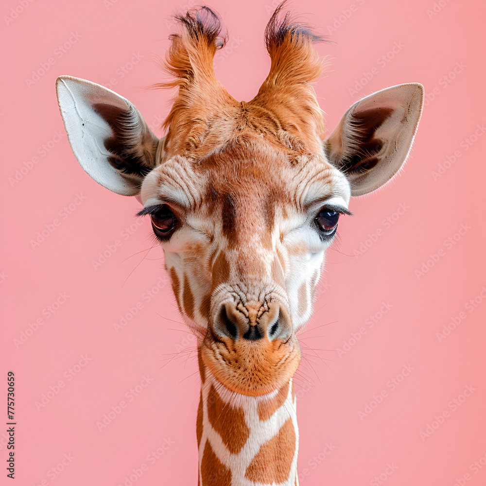 Close-up of a giraffe's head against a pink background, showcasing its unique pattern and gentle eyes.