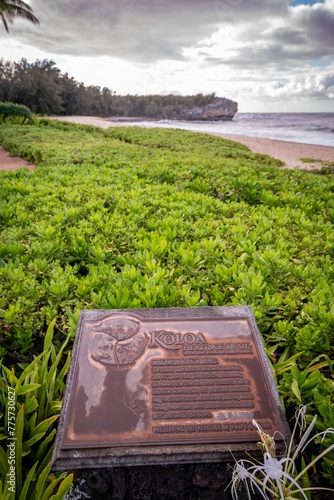 A sign marks the start of the Maha'ulepu Heritage Trail along Kauai's southern coastline and Shipwreck Beach in Koloa, Hawaii.
