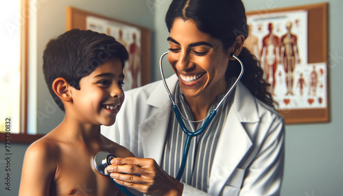 A compassionate Hispanic female doctor attentively listens to the heartbeat of a young boy using a stethoscope during a thorough medical examination in a clinic setting photo