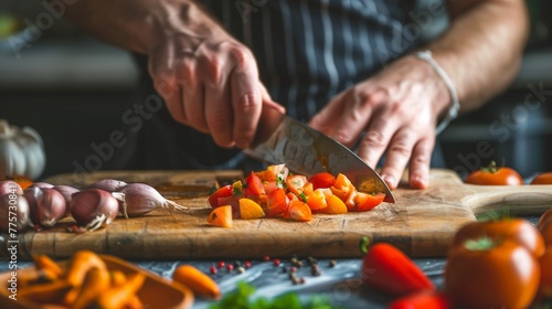 Chef Expertly Dicing Fresh Tomatoes on Board.