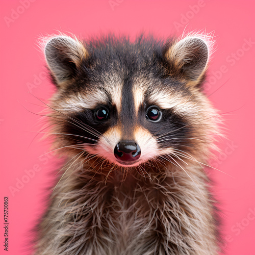 Close-up of a cute raccoon's face with a vibrant pink background, displaying its detailed fur and curious eyes. © neatlynatly