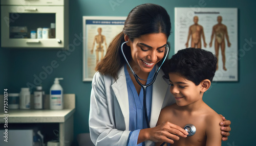 A compassionate Hispanic female doctor attentively listens to the heartbeat of a young boy using a stethoscope during a thorough medical examination in a clinic setting photo