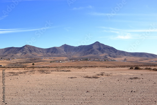 Landscape of fields and mountains near Tefia Windmill, Fuerteventura, Canary Islands, Spain
