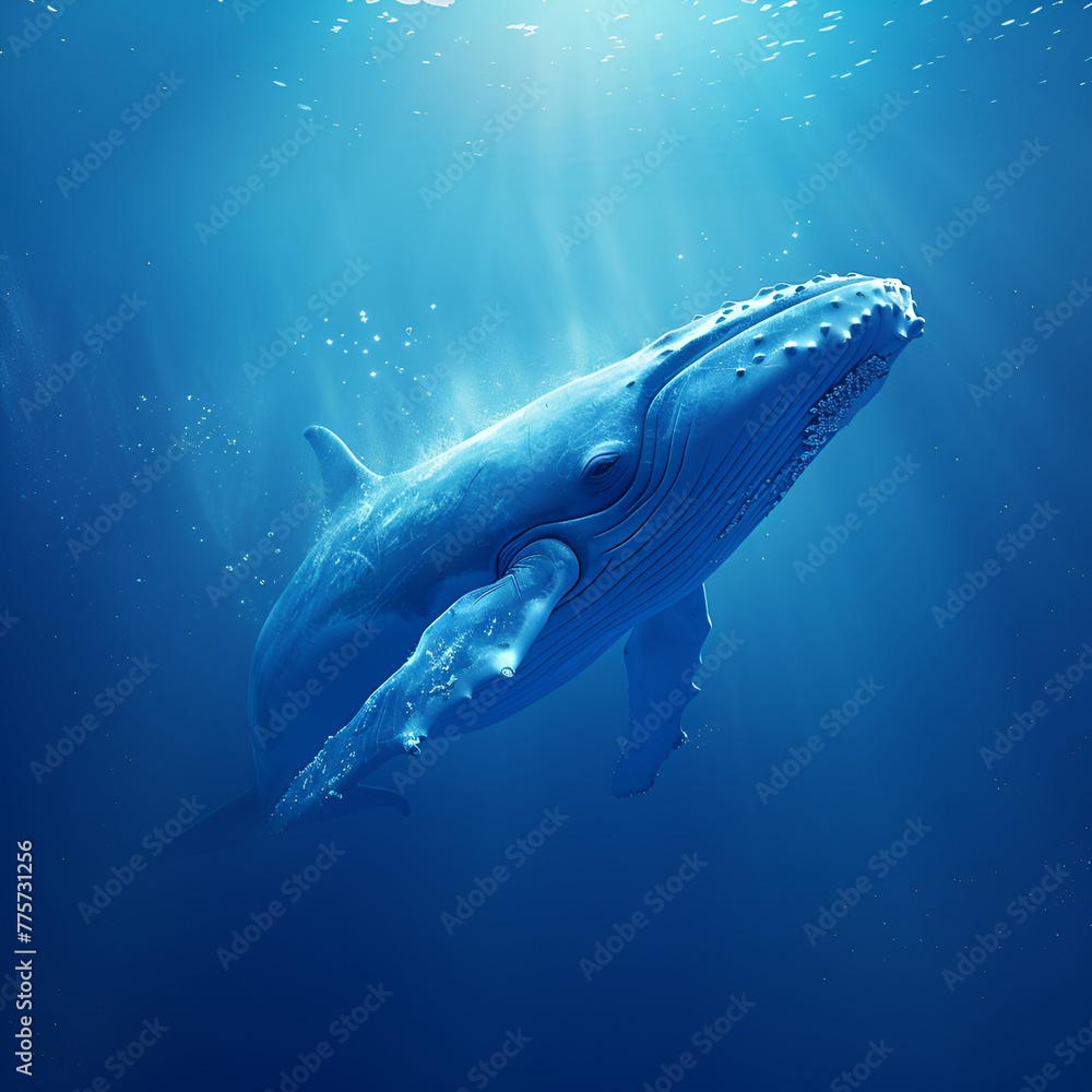 Fototapeta premium A humpback whale swimming gracefully underwater with sun rays filtering through the ocean.