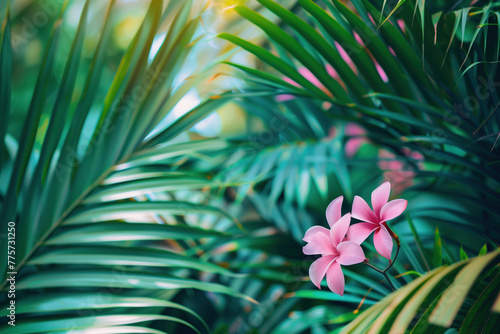 Palm tree leaves and flowers framing a tropical scenery. Slide background image. Created with Generative AI technology.