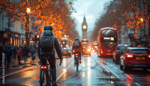 a boy riding his bike in london, fantastical contraptions,generative ai photo