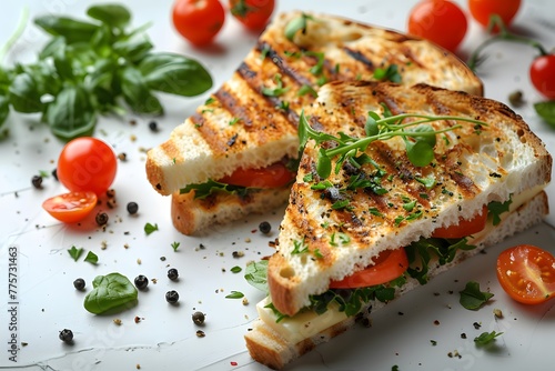 Grilled Sandwich With Tomatoes and Herbs on a Plate