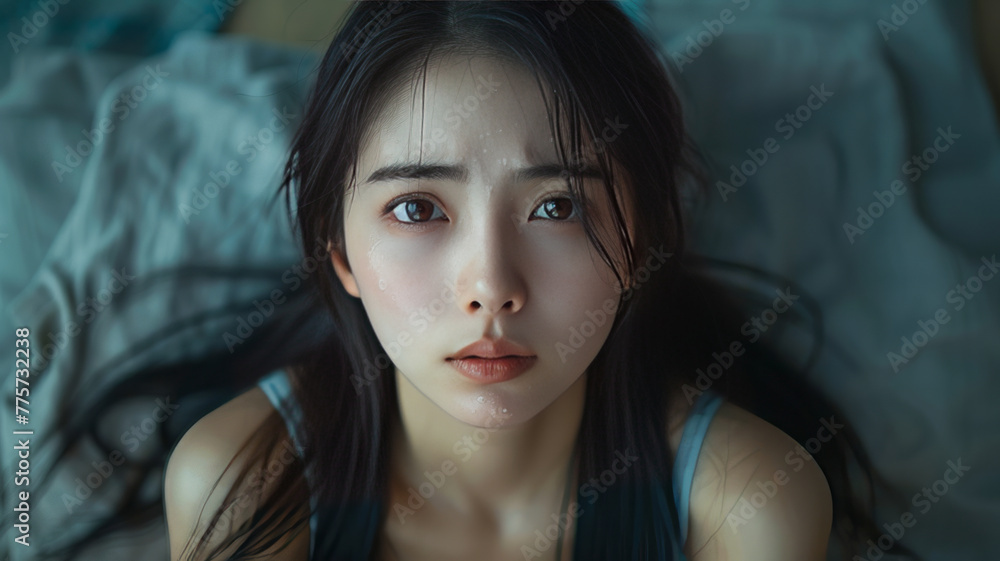 A young asian woman with long straight black hair was sulking in the room, lowering her head and crying silently.generative ai A young asian woman with long straight black hair was sulking in the room, lowering her head and crying silently.generative ai
