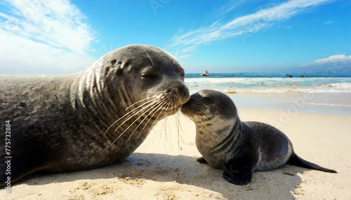 Close-up of a baby seal (seal pup) kissing its mother in a sunny sandy beach on the seashore with crashing waves and blue sky with clouds in the background. Generative Ai.