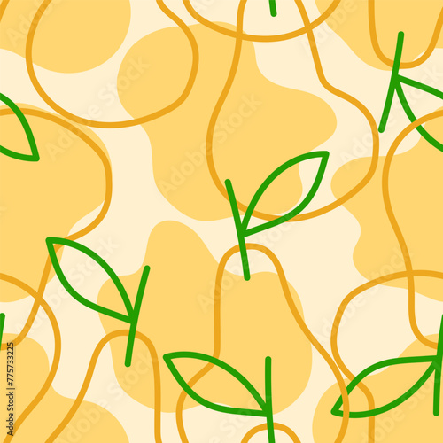 Seamless bright light pattern with Fresh pears for fabric, drawing labels, print on t-shirt, wallpaper of children's room, fruit background. Juicy pears in doodle style cheerful background.